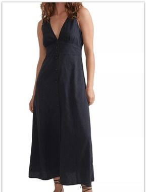 Women's Blanca Linen V-Neck Black Maxi Dress With Side Zip, Small NEW